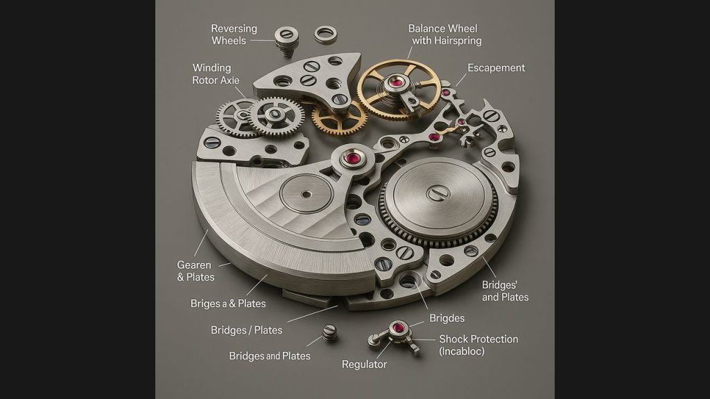 Schéma annoté d'un mouvement mécanique de montre